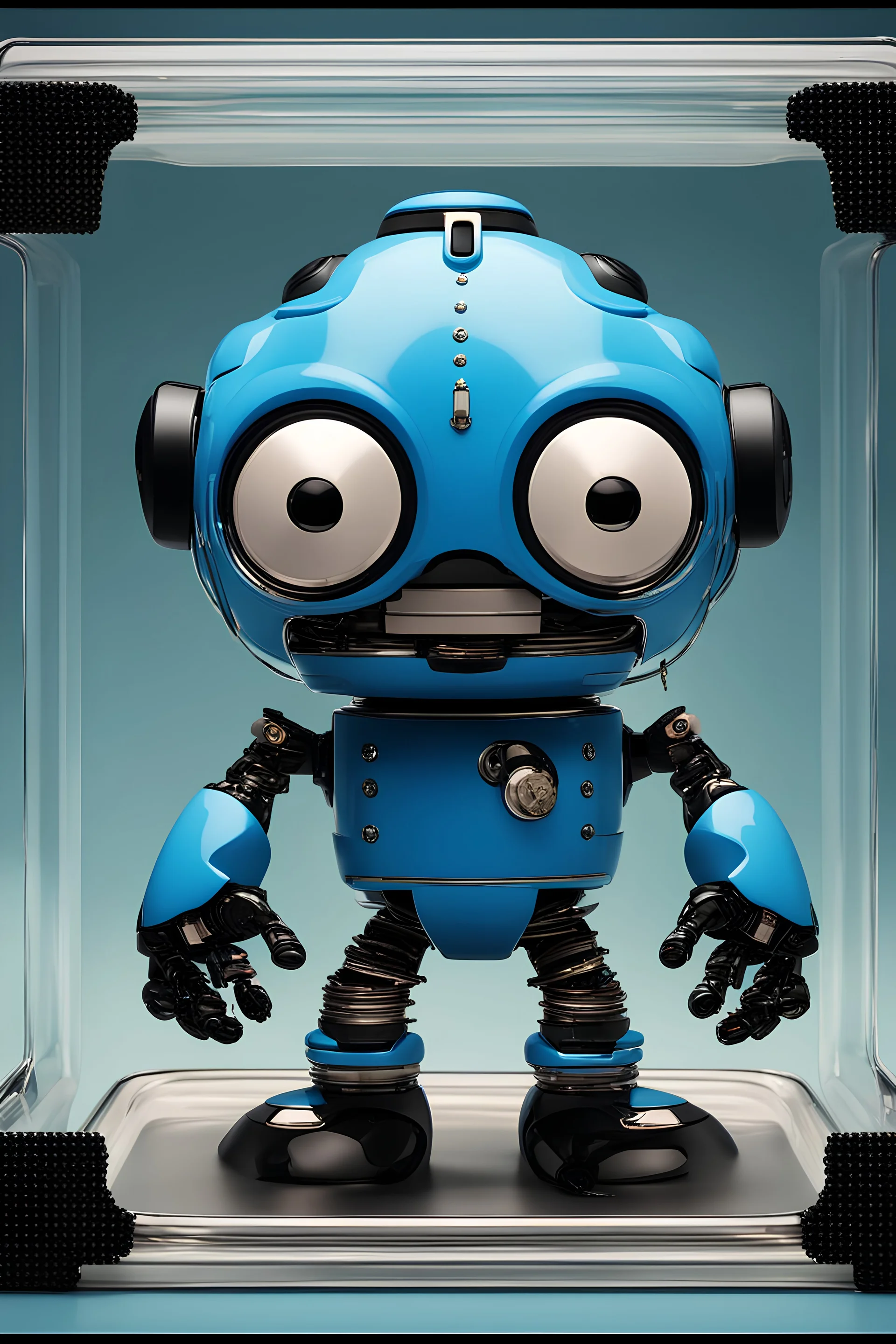 a cute blue Robot in a designer luxury case standing next to a jar of cannabis