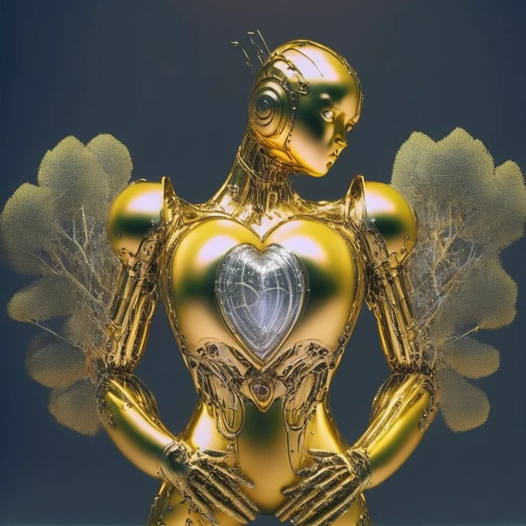 golden robot electric heart with tree wings