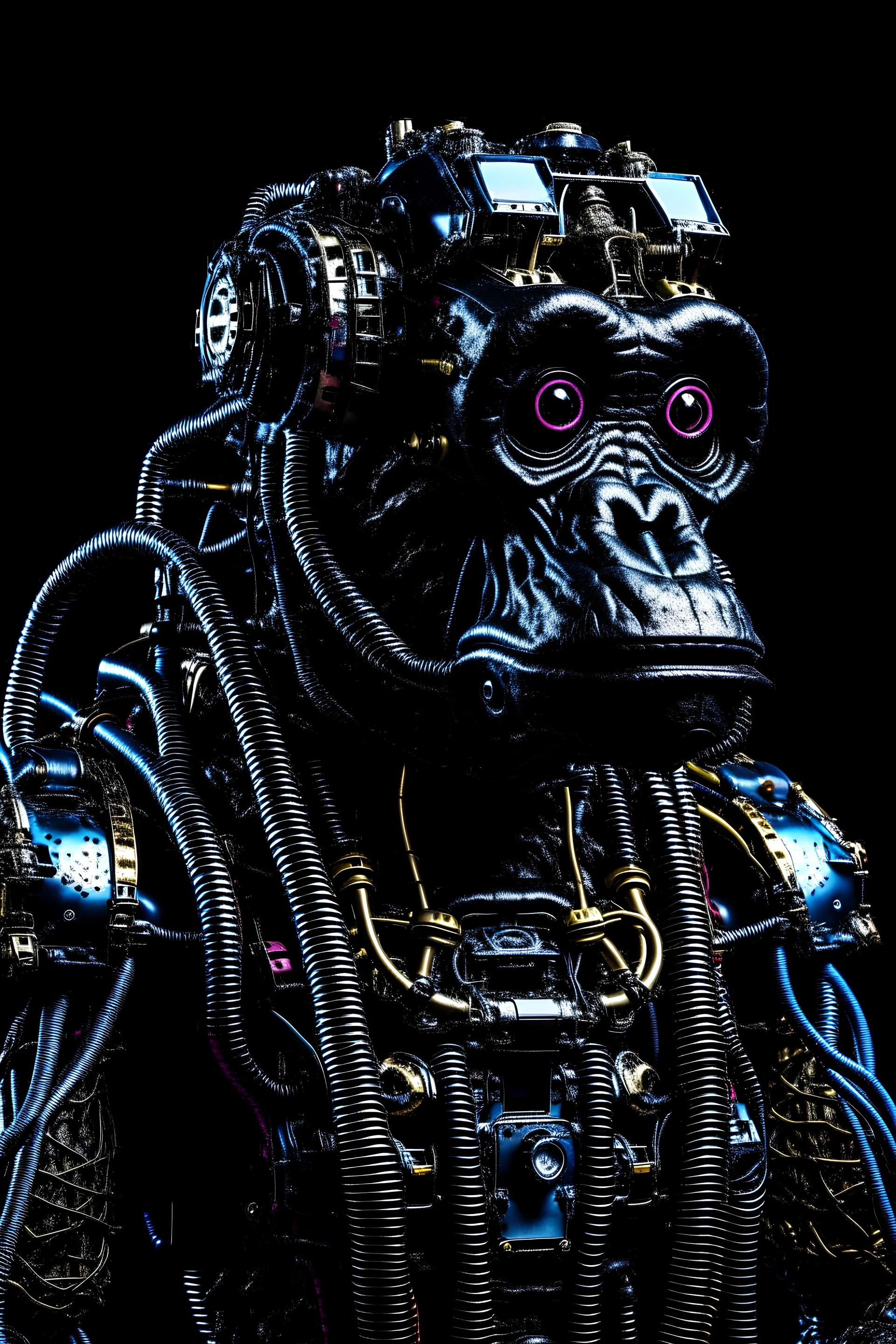 full view of a realistic cyberpunk style geometric robotic gorilla wearing rectangular goggles and a high tech cybersuit with various wires lights and doodads made of reflective black plastic rusted metal and discarded electronic parts looking up into the sky in harsh high contrast lighting from the top