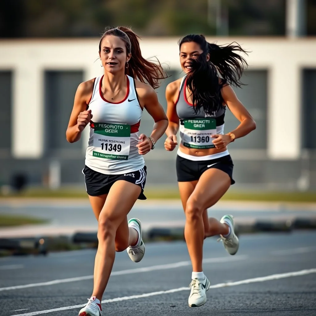Two female athletes wearing shorts and running.