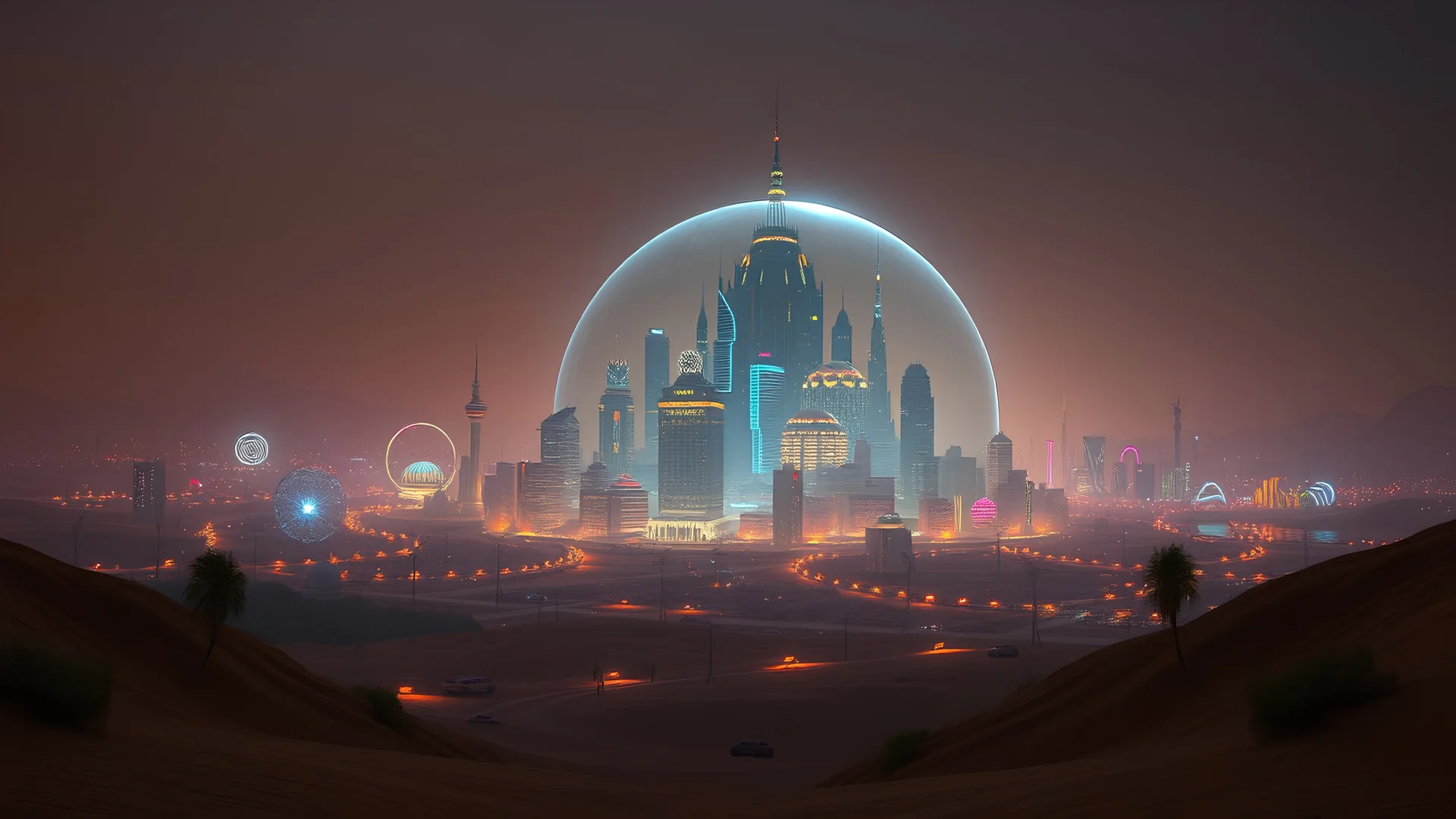 A cyberpunk desert city surrounded by a glass dome