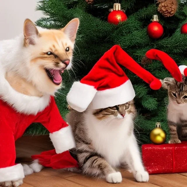 Christmas cat dancing a jig with Christmas dog in front of Christmas tree