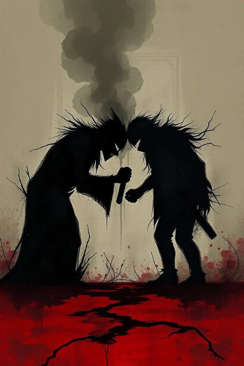 a distressing, abstract image of two shadows preparing to fight to the death