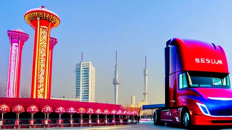 A Tesla semi-truck is parked, at 'Lotte World', in Seoul (South Korea). CINEMATIC. WIDE ANGLE LENS.