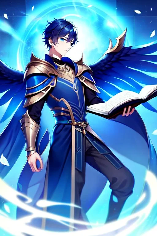 a person in runic armor with blue wings, blue short hair, runic tattoo and spell book, male