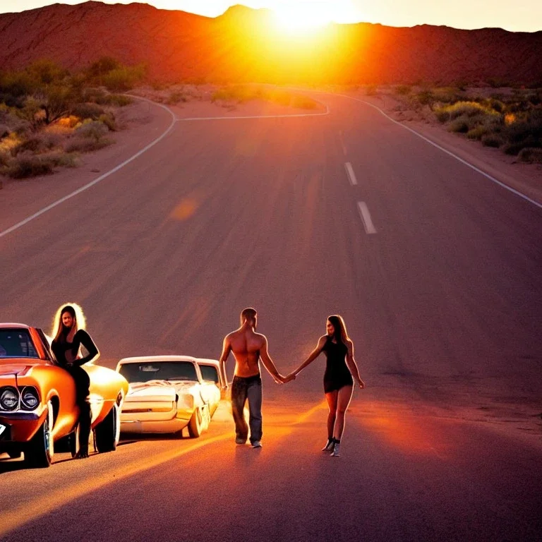 muscle car, man and woman making love, desert road, sunset, full colour,