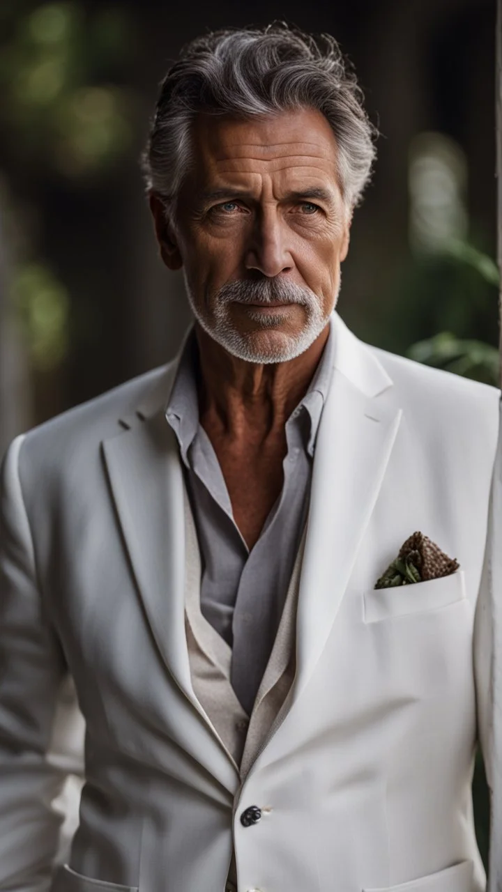 Portrait of a handsome older italian gentleman wearing crisp white linen suit, and an open necked shirt. His dark hair is peppered with grey, his neatly trimmed beard is dark and peppered with grey