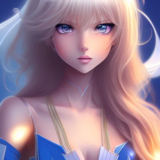 A anime wifu character, blue eyes, full body, blonde hair, cleavage