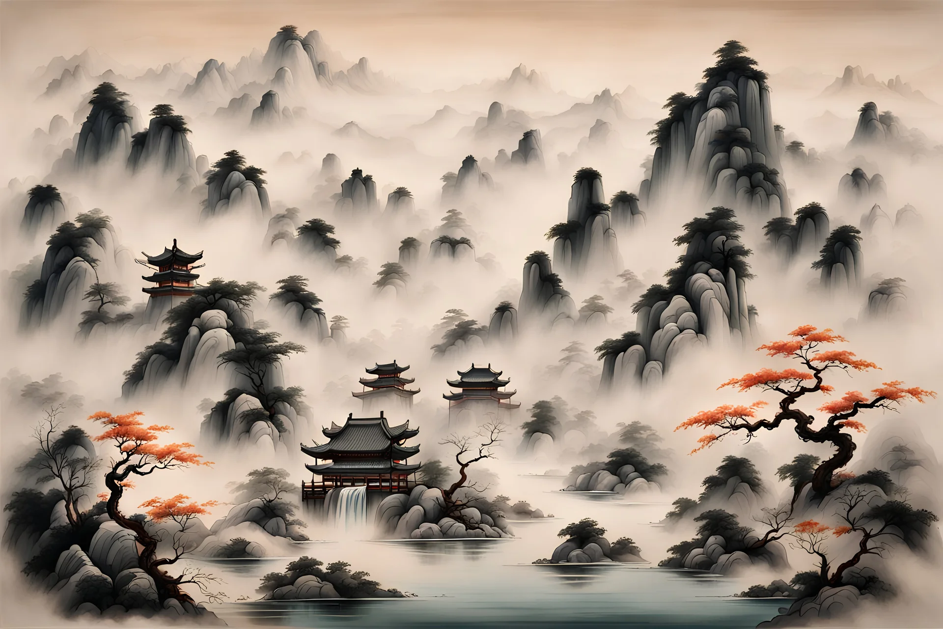 Depict a traditional Chinese landscape painted with colored ink, focusing on an awe-inspiring scene. The painting's main spotlight should be on a majestic, towering mountain covered in a haze of thin mist. A wide stream meandering at the base of the mountain is so crystal clear that it reflects the surrounding views. Vital elements such as rocks and the mountain range are skillfully portrayed with varying shades of ink and nuanced brushstrokes to create texture and depth. Overall, this art piece