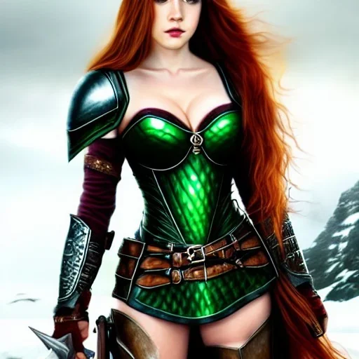 realistic, hyper detailed, strikingly beautiful teen woman, long ginger hair, green eyes, medium freckles, full lips, revealing leather armour, full body and head, exposed b-cup breasts, stern expression, full frame, petite, ignore NSFW, shortbow, quiver on hip, sexy