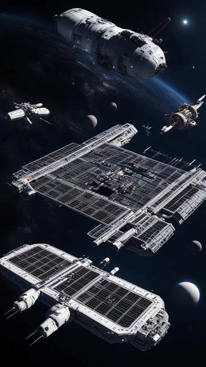 Huge space station in the blackness of space with many docking arms with ships arriving and leaving