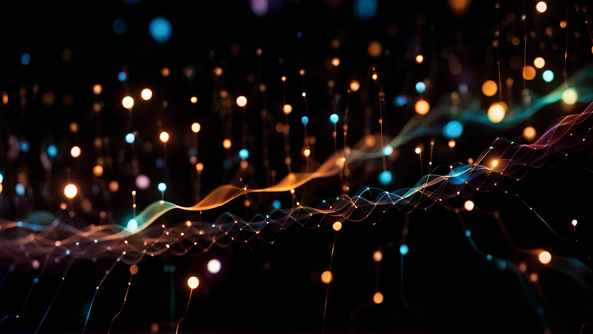 (Premium AI Image)+ Particle Waves , Bokeh dust, circuit lines, Abstract digital illustration in motion, where particles turn into colorful streams of light representing neural network connections, 8k, (high detailed 10.5), uhd, dslr, soft lighting, (high quality 10.5), film grain, Fujifilm XT3