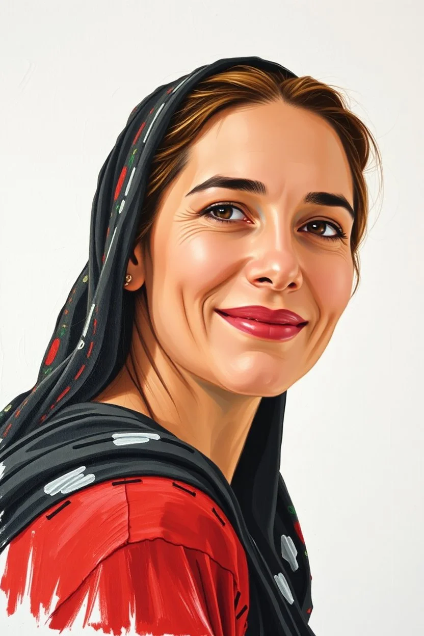 Palestinian woman with a beautiful face, turning her face slightly to the right, smiling slightly, her mouth closed, not showing her teeth, her eyes looking to the left, she looks drawn with oil paints