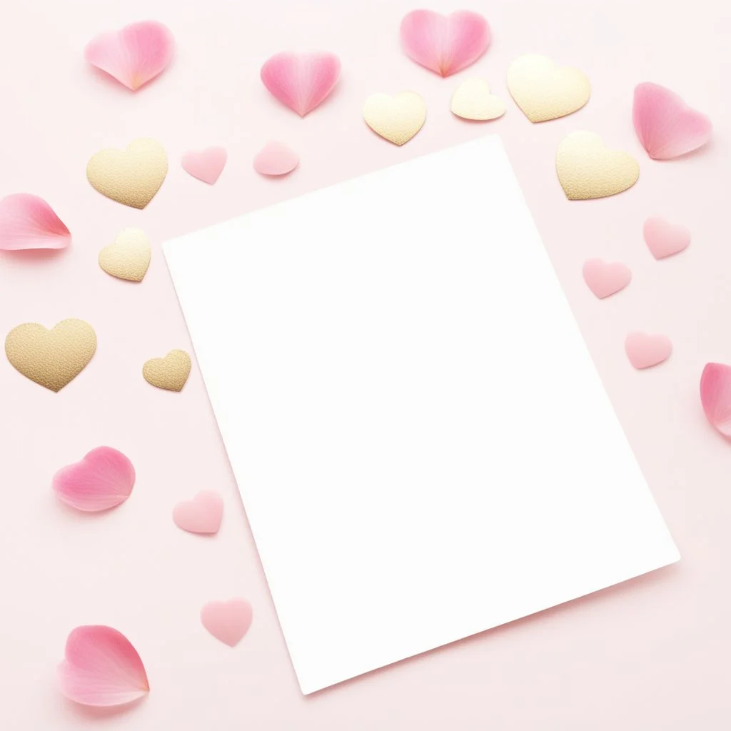 A photo of a white card, 5.5 by 4.25 inches. The card is vertically positioned on a beautiful light pink surface, positioned between pink rose petals and litte golden hearts.