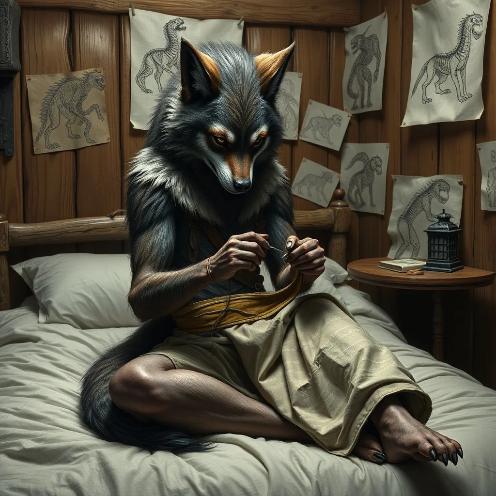 with wolf furry on her full body an anthropomorphic wolf woman hybrid sitting in the middle of a bed with a sewing needle and thread in her paw sewing a material belt, around her in the background are some paper with sketchy line kind drawings from monster on the walls of the wooden house, high realistic, detailed, cinematic, sci-fi, digital art, dark fantasy mood