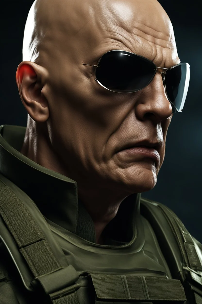 portrait of a 50 year old evil soldier. sneering expression, bald, photorealistic, 4k