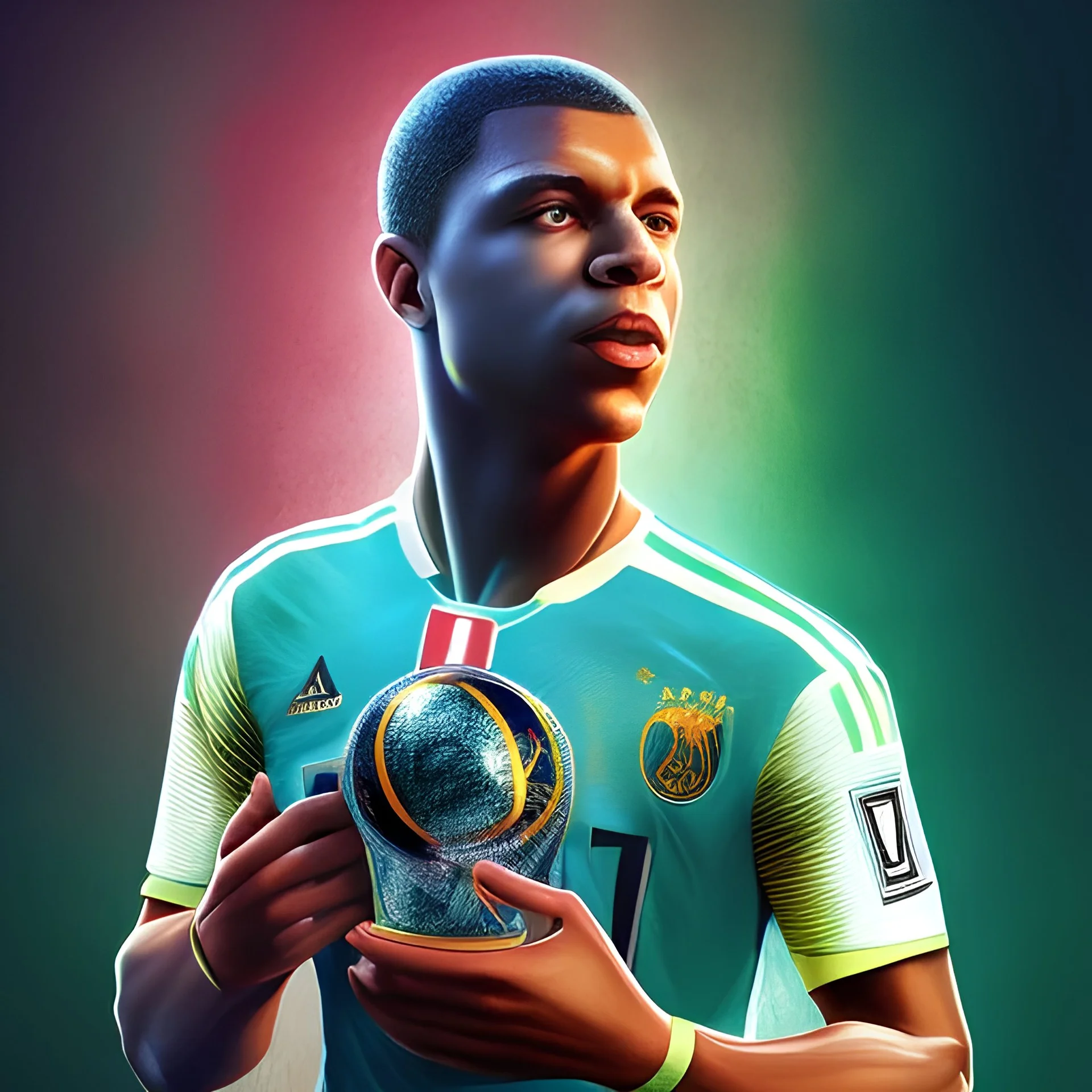 kyliian mbappe , fantastic drawing, robot body, special power, world cup in hand, france t-shirt