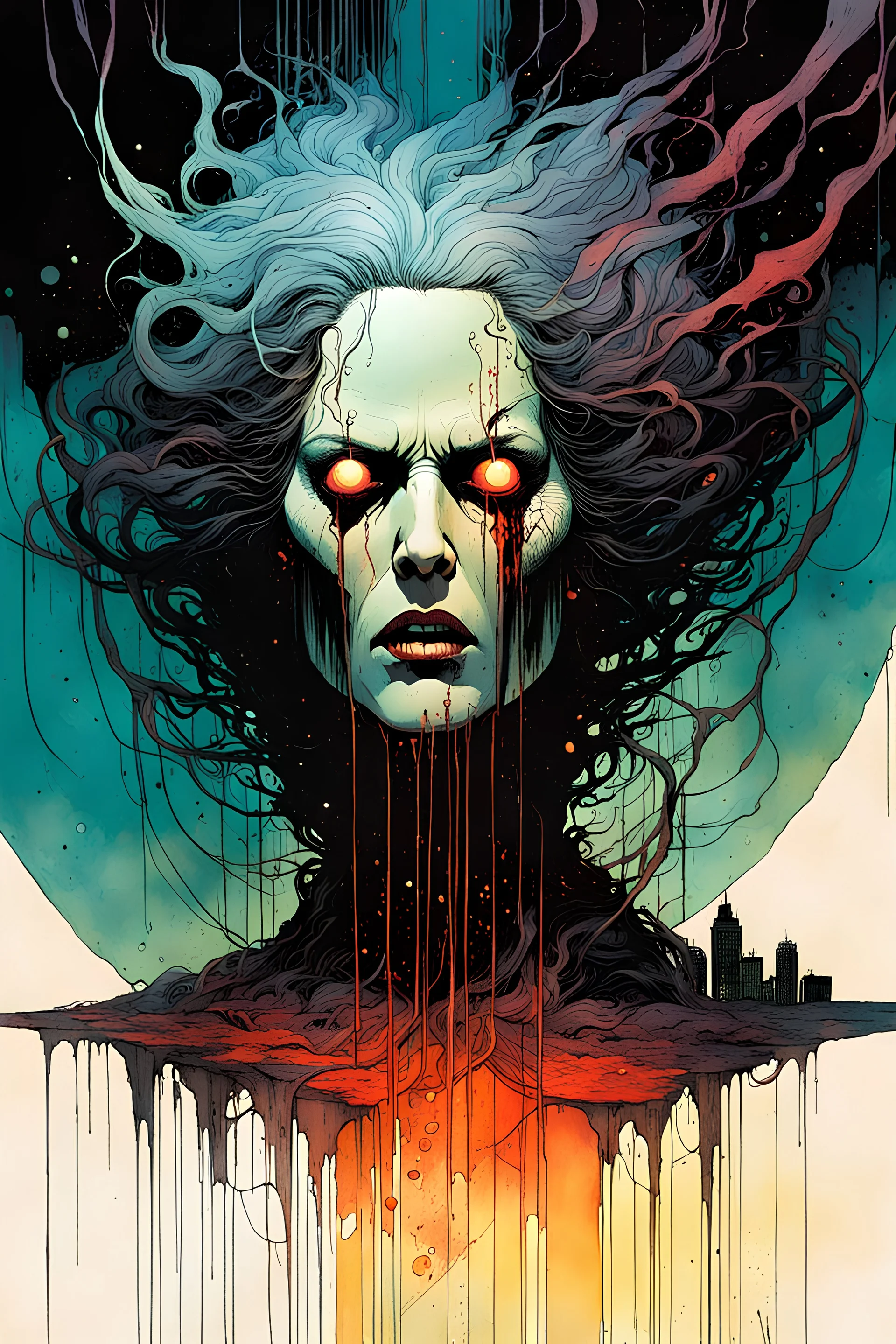 a surreal portrait of the inner workings of her disturbed mind as a nightmarish charnel house of screaming pain , in the comic book style of , Bill Sienkiewicz, , Jean Giraud Moebius , and Alex Pardee muted natural color, sharp focus, ethereal , dark and foreboding