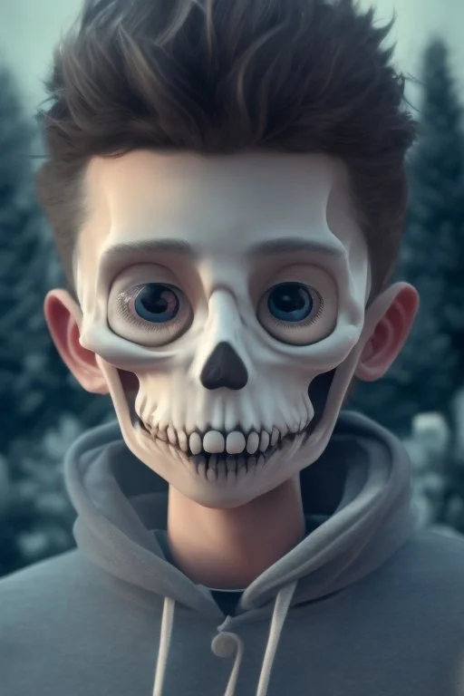 a cute animation boy, skateboarding , trendy hoody, 8 k, tim Burton skeleton style from the movie "night before Xmas", realistic animation, gothic