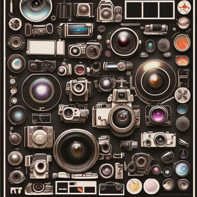 components of the camera laid out flat. poster design. high detailed. oil on canvas.