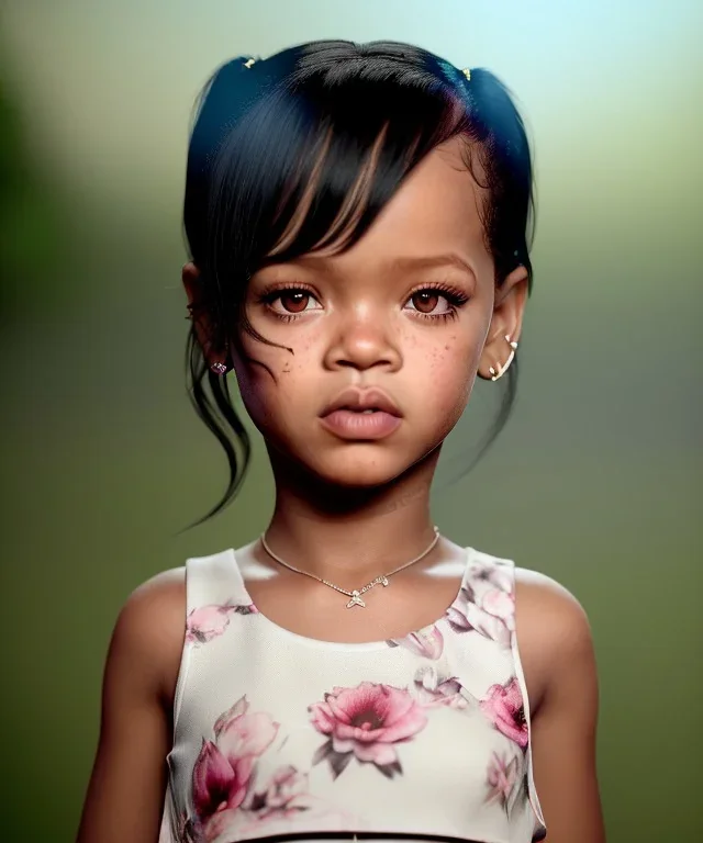 Rihanna toddler, full height, floral dress, soft skin, dramatic lighting, hyper realistic