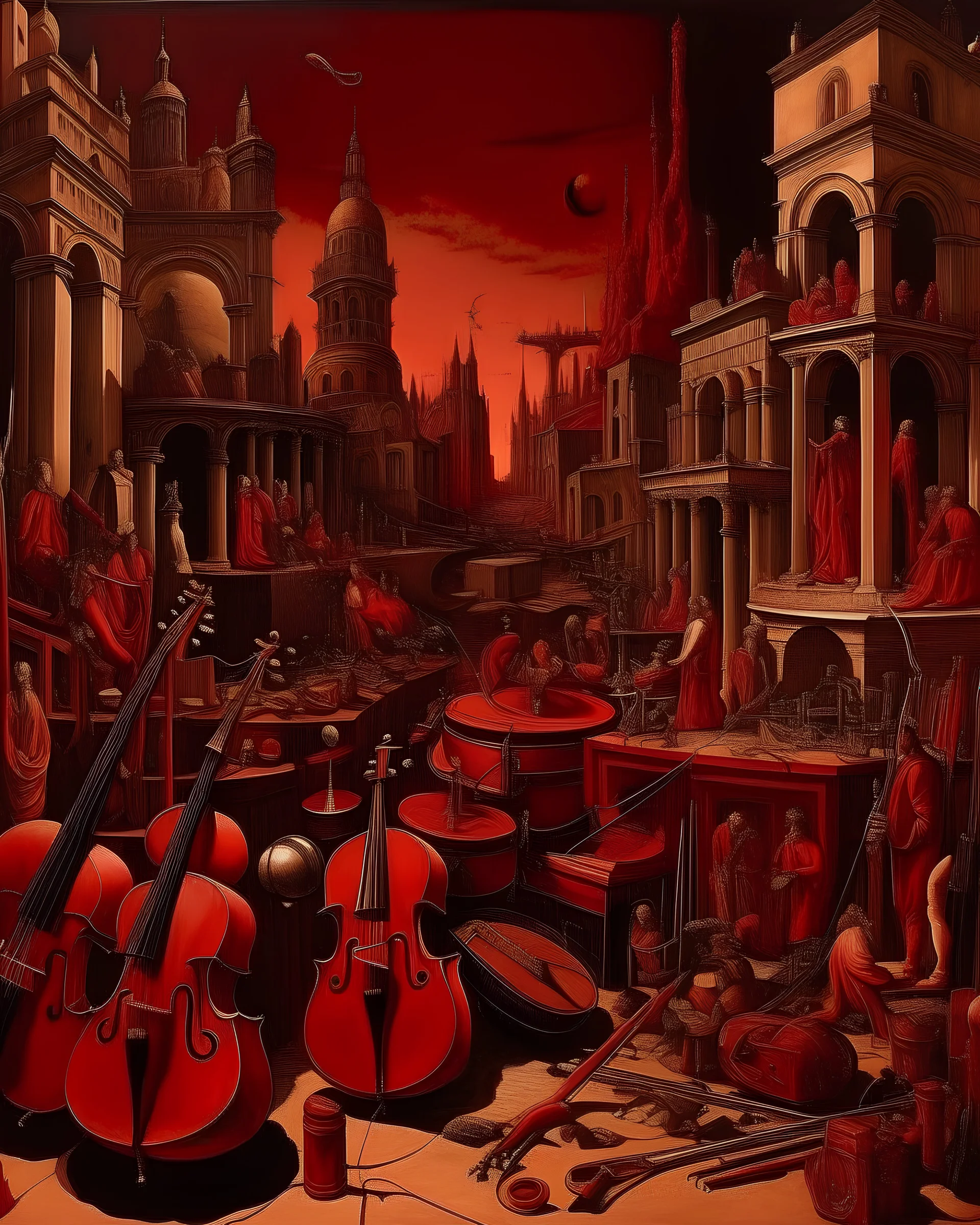 A dark red city filled with instruments painted by Michelangelo di Lodovico Buonarroti Simoni