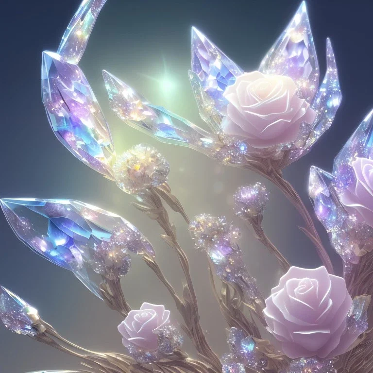 one big crystal subtle flower in a galactic ambiance with a beautiful fairy, transparent petals, delicate colors, in the foreground, full of details, smooth，soft light atmosphere, light effect，vaporwave colorful, concept art, smooth, extremely sharp detail, finely tuned detail, ultra high definition, 8 k, unreal engine 5, ultra sharp focus