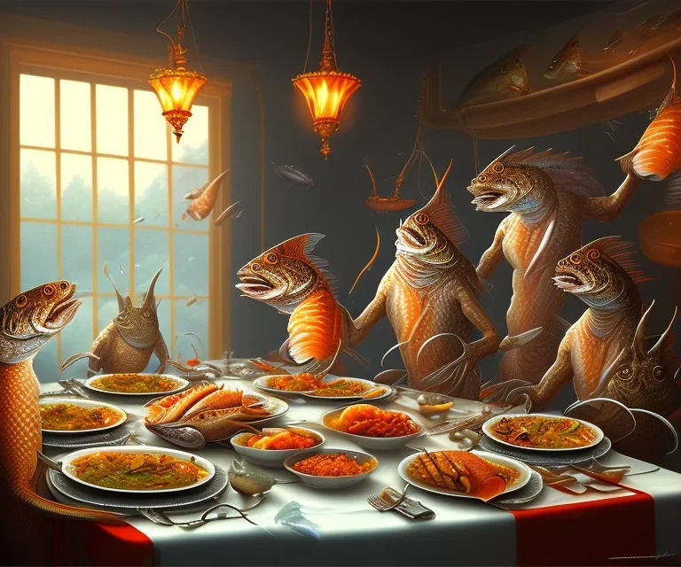 supper, fish sit at the table and eat pieces of people.