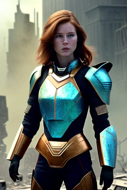 ultrarealistic, ruined city,__sci-fi armor__, __angles__, 18 year old woman, strikingly beautiful, ginger hair, _colour_, [__starlets__|__starlets__], (pale __skincolor__ skin:1.2), __camera__, _hair_, detailed face and eyes, medium breasts, leather choker, freckles, dynamic pose, resolved expression, __accessory__, strappy outfit, (straps:1.1), sword in scabard on left hip, (buckles, buttons, snaps, rings:1.0), haltertop style breastplate, detailed eyes, plump lips, sci-fi theme