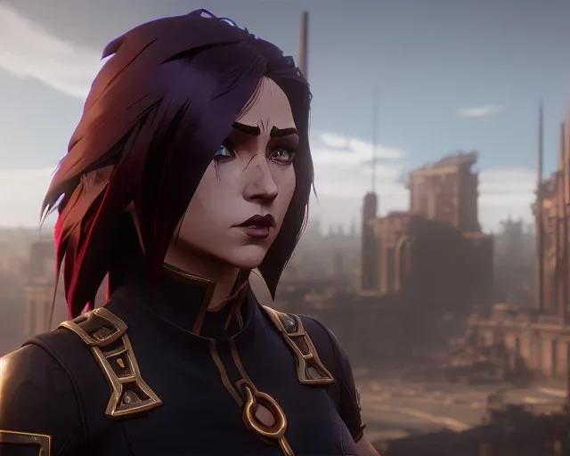 ultrarealistic, ruined city, __angles__, 18 year old woman, strikingly beautiful, mid cut hair, red and black color hair, (pale __skincolor__ skin:1.2), __camera__, detailed face and eyes, up turned nose, large breasts, leather choker, dynamic pose, resolved expression, __accessory__, strappy outfit, (straps:1.1), mini skirt, (buckles, buttons, snaps, rings:1.0), crop top, detailed eyes, plump lips, sci-fi theme, insane details