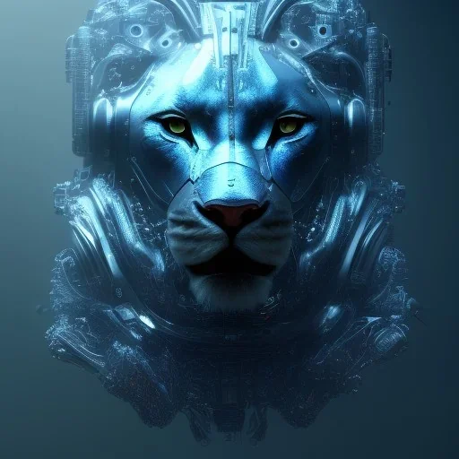 A beautiful portrait of a cyborg lion blue color scheme, high key lighting, volumetric light high details psychedelic background