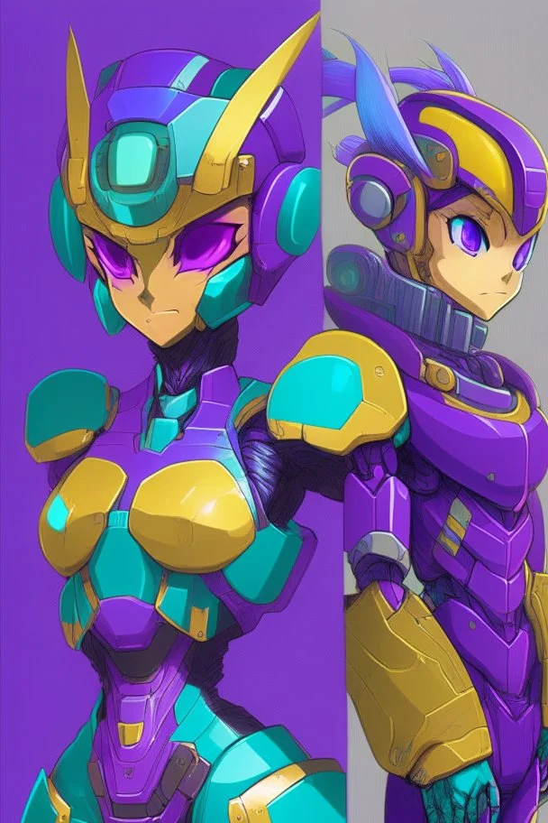 A Genderless Cyborg made of metal, has a human like face with a really long violet ponytail, the cybord is wearing armor similar to Megaman. The color palatte of the armour is deep purple and yellow. The Cyborg is not wearing a Helmet, and has Turquoise colured eyes.