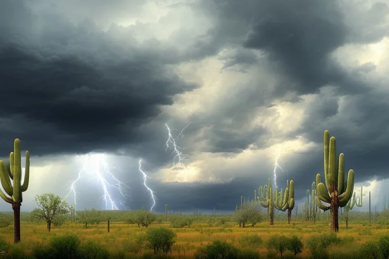 a stormy monsoon rainstorm in the arizona desert, the landscape is mostly green with lots of mesquite trees and bushes, puddles, volumetric lighting, volumetric clouds, beautiful cloudy deep blue sky, 8k, uhd, by georgia o'keeffe and thomas kinkade and quentin mabille and geoffroy thoorens, trending on artstation