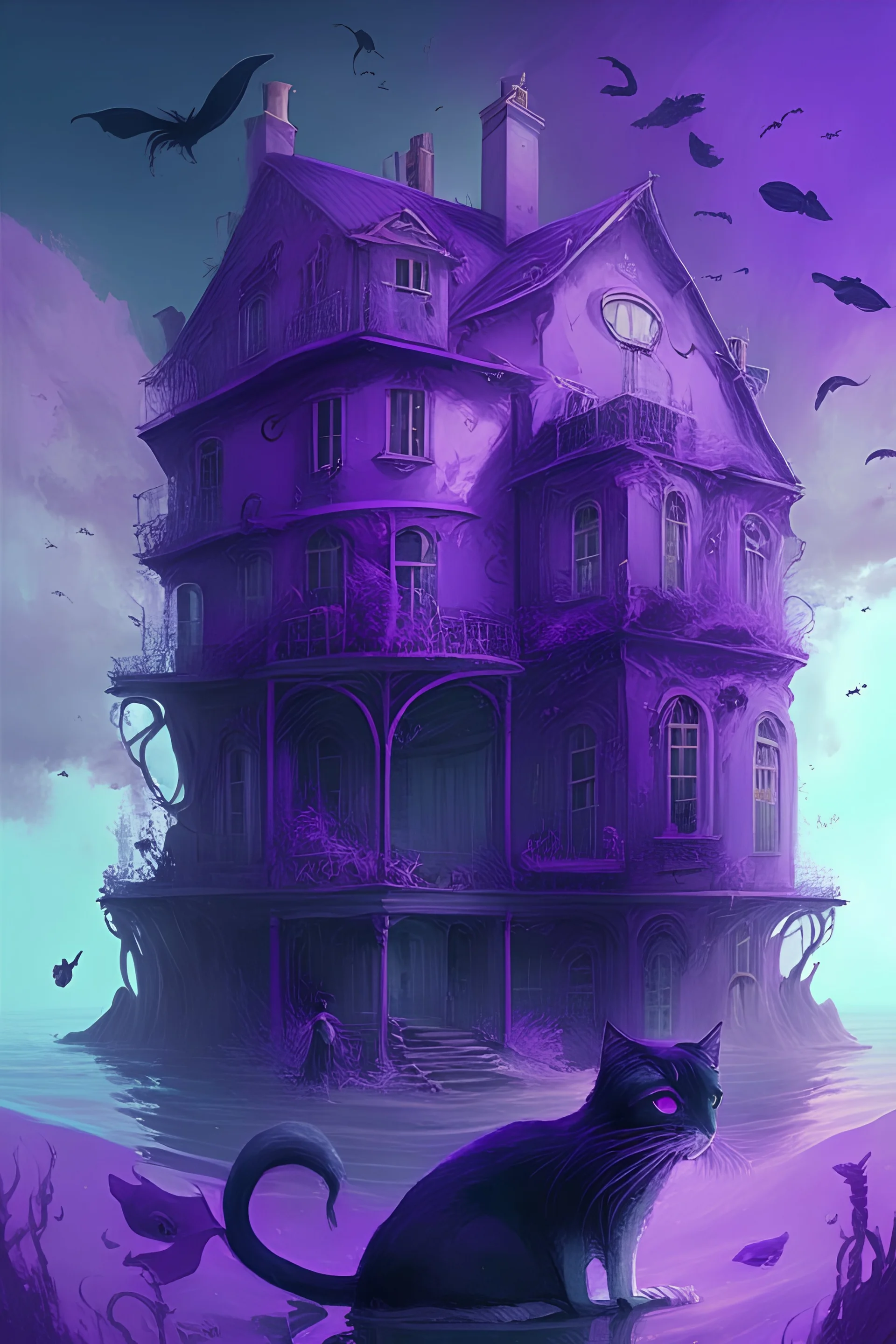 A large house located in the middle of the sea, of a beautiful purple color, inside which lives a beautiful girl with black hair and a huge purple cat