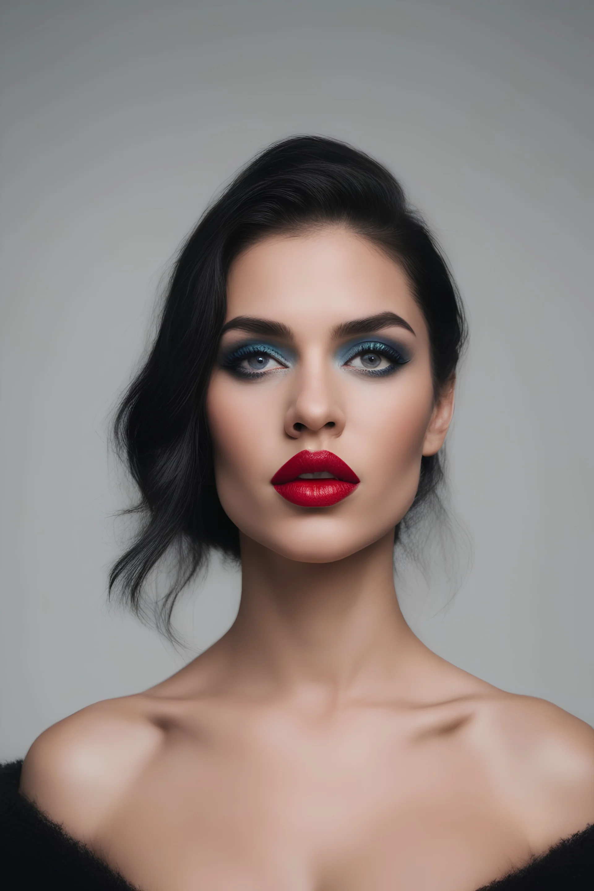 an extremely ugly abomination of a girl with great big pouty lips:1.5 and a humongous nose:1.5, wide set slanted soft blue eyes, extremely pointed chin, black hair, Wonder Woman, medium long shot, wide angle shot, full body image, head to toe, red lipstick