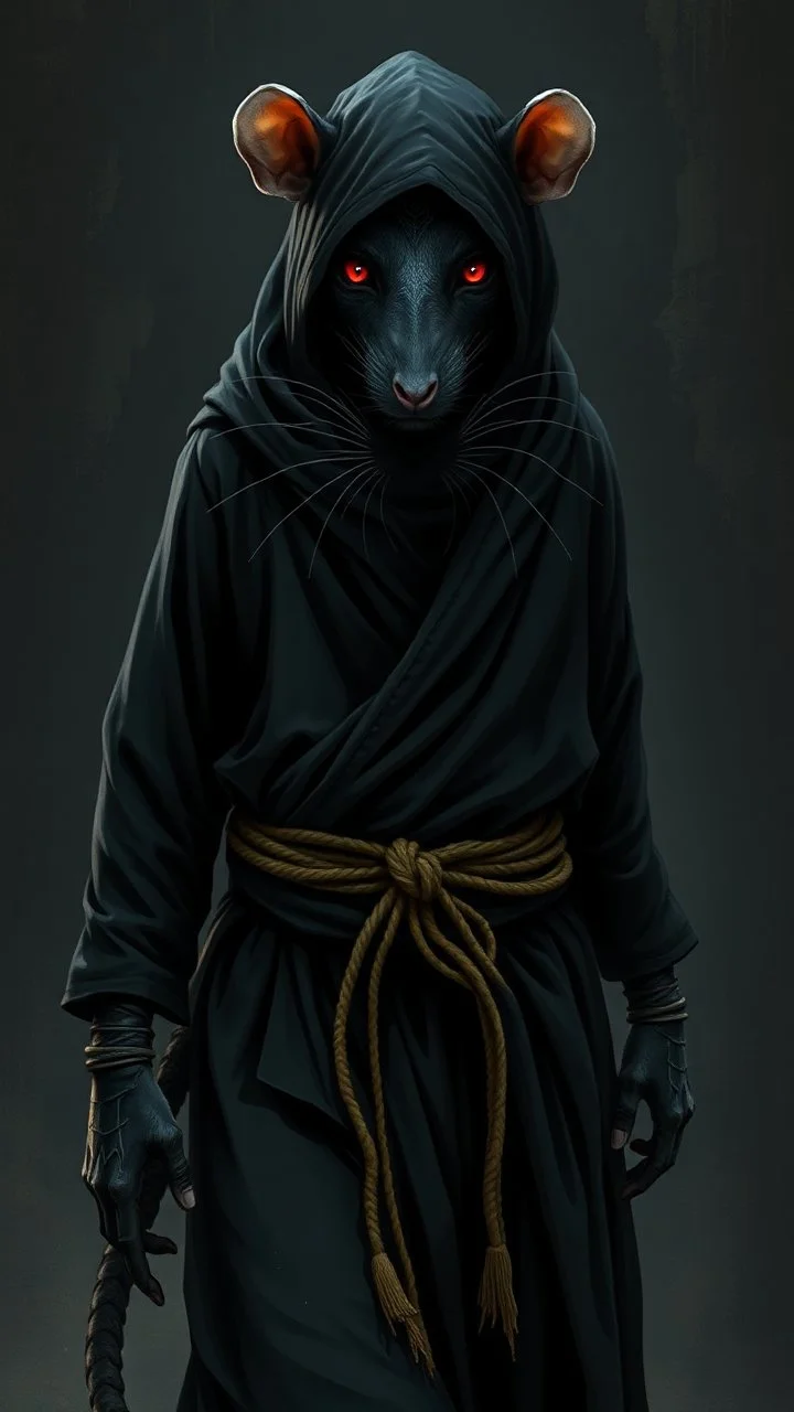 the yoga rat man, big black iris eyes with white glints, ou’re looking at someone who doesn’t just walk into shadows—they belong to them. The black robes cling like a second skin, the belt tied tight with gold thread that catches the light only when he moves. His face is wrapped, but not hidden—his eyes glow like embers, red and steady, as if he’s already seen what waits inside the cave. The tail curls behind him, not in fear, but in readiness. He doesn’t need a torch, because the darkness