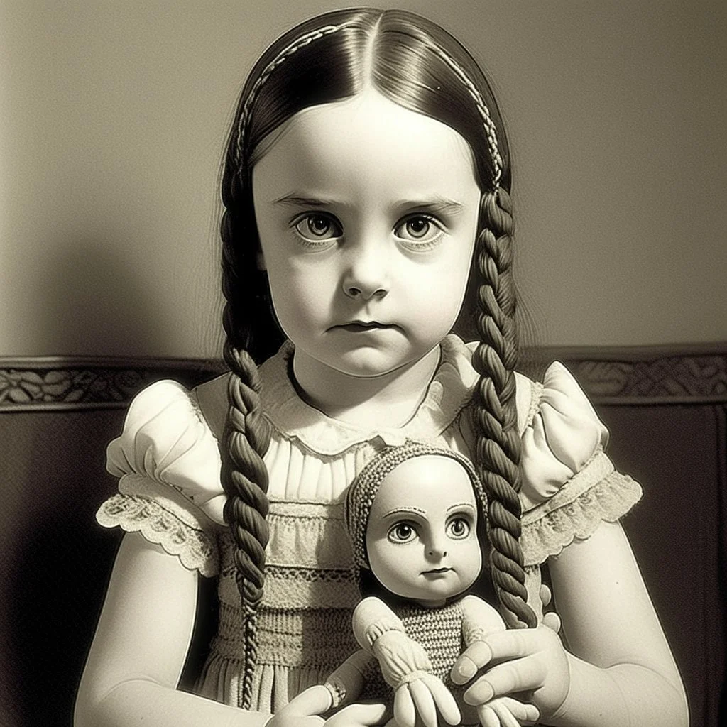 wednesday addams as a child, braids, with an chuky doll, 1970s