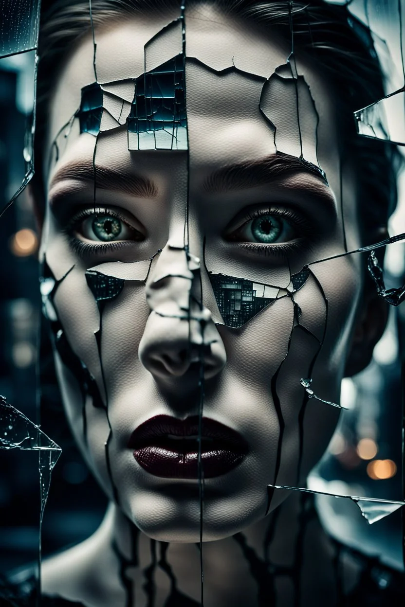 Close-up shot. A cracked pale face deep gaze dark makeup and lips figure through looking a fractured cracked glass pane, revealing glimpses of a surreal hightech cityscape. Hyperrealistic, sharp focus, intricate details, surreal style by Dali, Bosch, Kandinsky, beautifully shot. High contrast, cinematic, dark gloomy, atmospheric, moody. 64 megapixels, perfect compositi