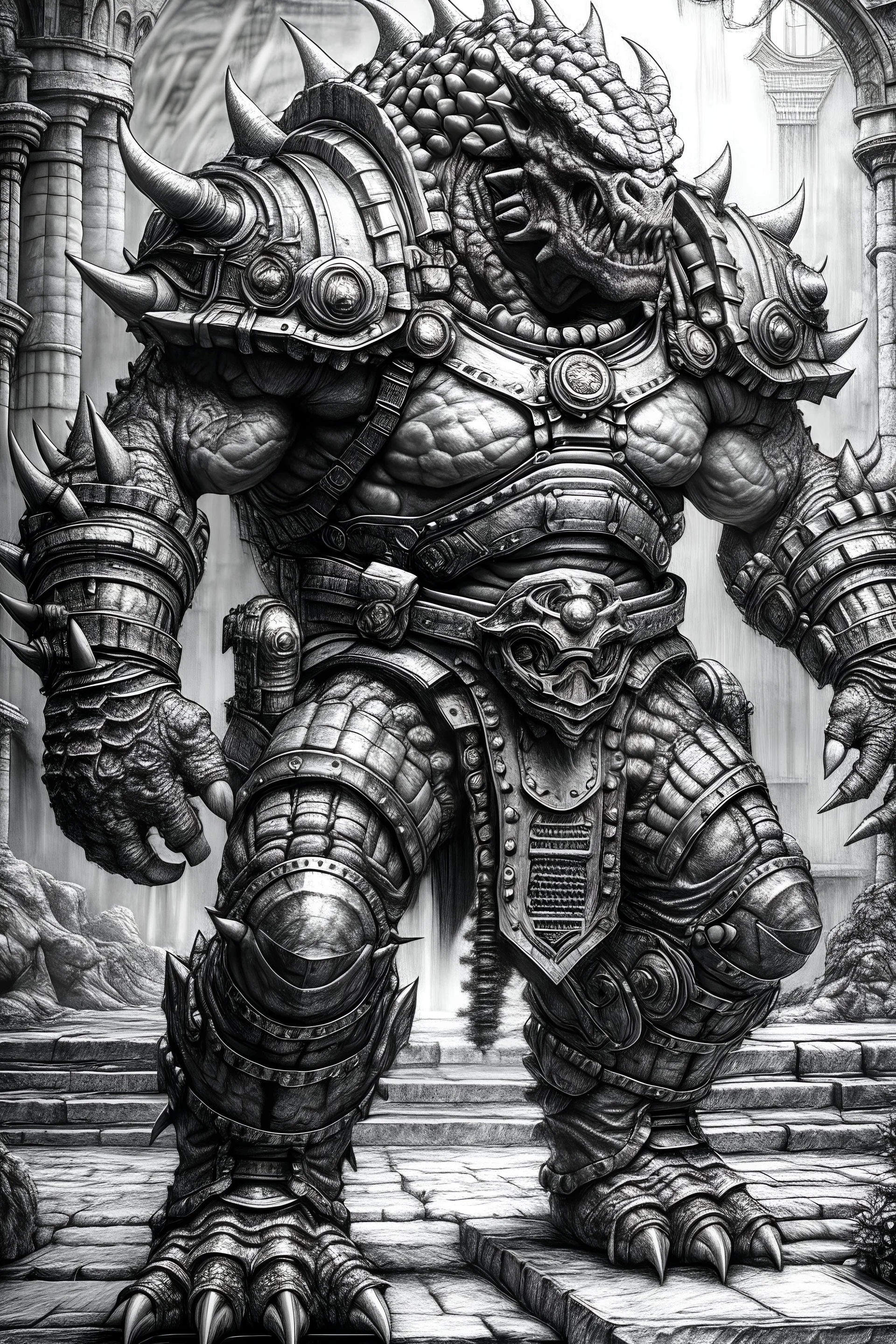 4k image, full body image, grey scale rough pencil sketch of crocodile and gorilla hybrid, bulky and muscular, dirty and ramshackle armor, long horn like growths, tusks, gears of war style, Adrian Smith artist