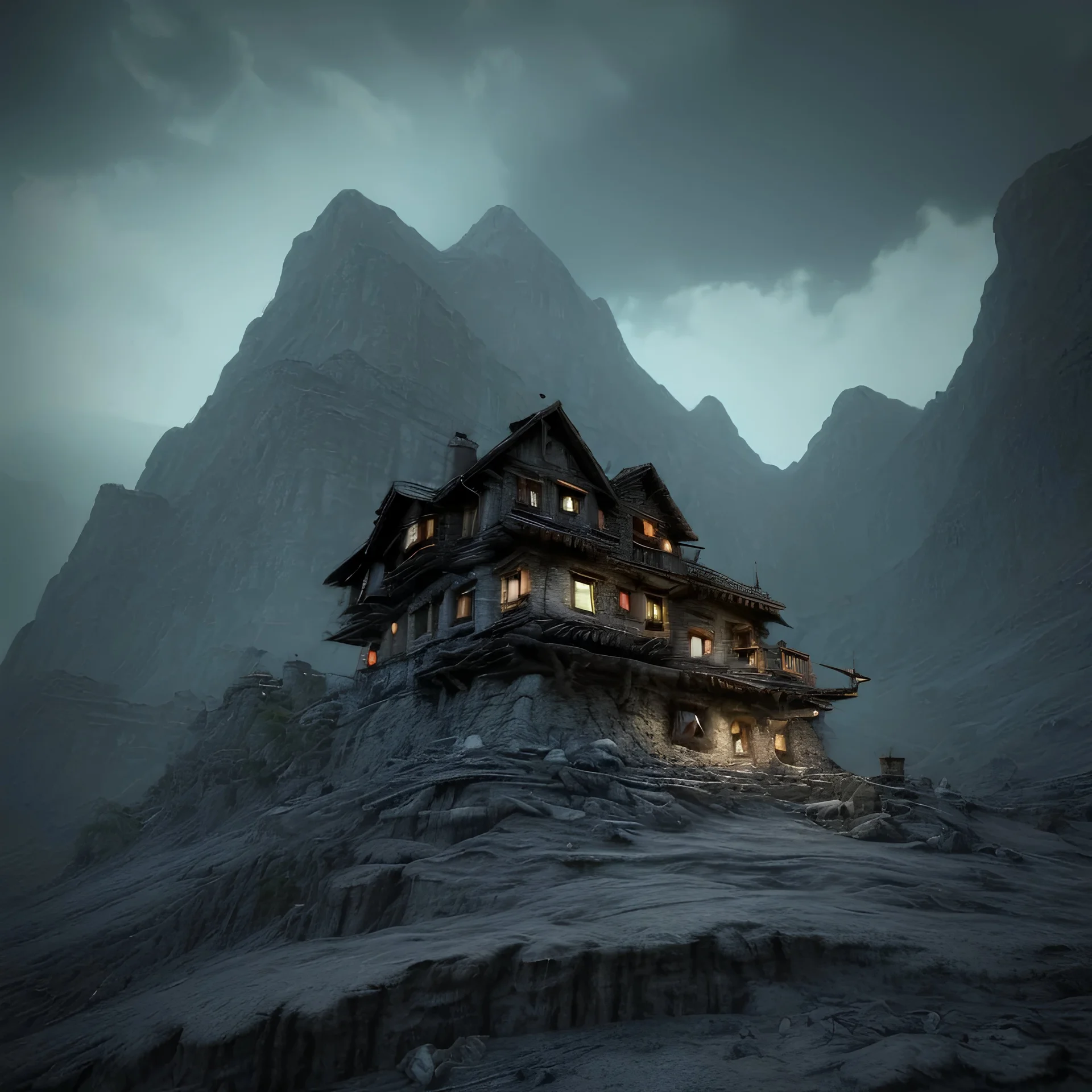 Scary mountain hut, sense of fear, Alps, night sky, 8k, HD, cinematography, photorealistic, Cinematic, Color Grading, Ultra-Wide Angle, Depth of Field, hyper-detailed, beautifully color-coded, insane details, intricate details, beautifully color graded, Cinematic, Color Grading, Editorial Photography, Depth of Field, DOF, Tilt Blur, White Balance, 32k, Super-Resolution, Megapixel, ProPhoto RGB, VR, Halfrear Lighting, Backlight, Natural Lighting, Incandes