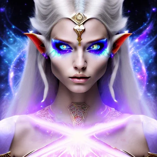 cosmic mage, elf, female, battle mage, epic, cosmic magic, long ears, white hair, face details, pale skin, jewellery, broad shoulders, glowing eyes, sharp ears, cosmic clothes, bright eyes, cosmic eyes, ears shown, light out of eyes