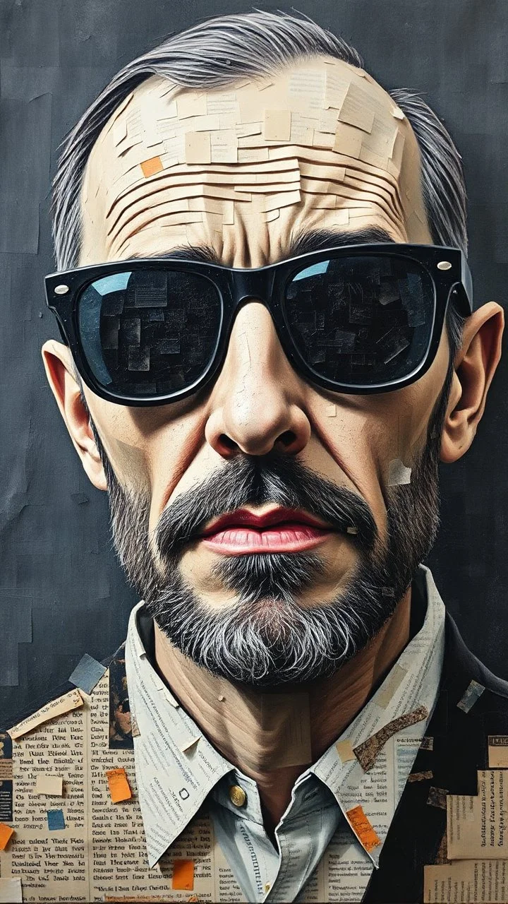 Bosch style painting , A face in details . The texture of the face is a collage of many peace’s of cur old pictures and newspapers parts sticks on the whloe man face with black sunglasses in a collage style