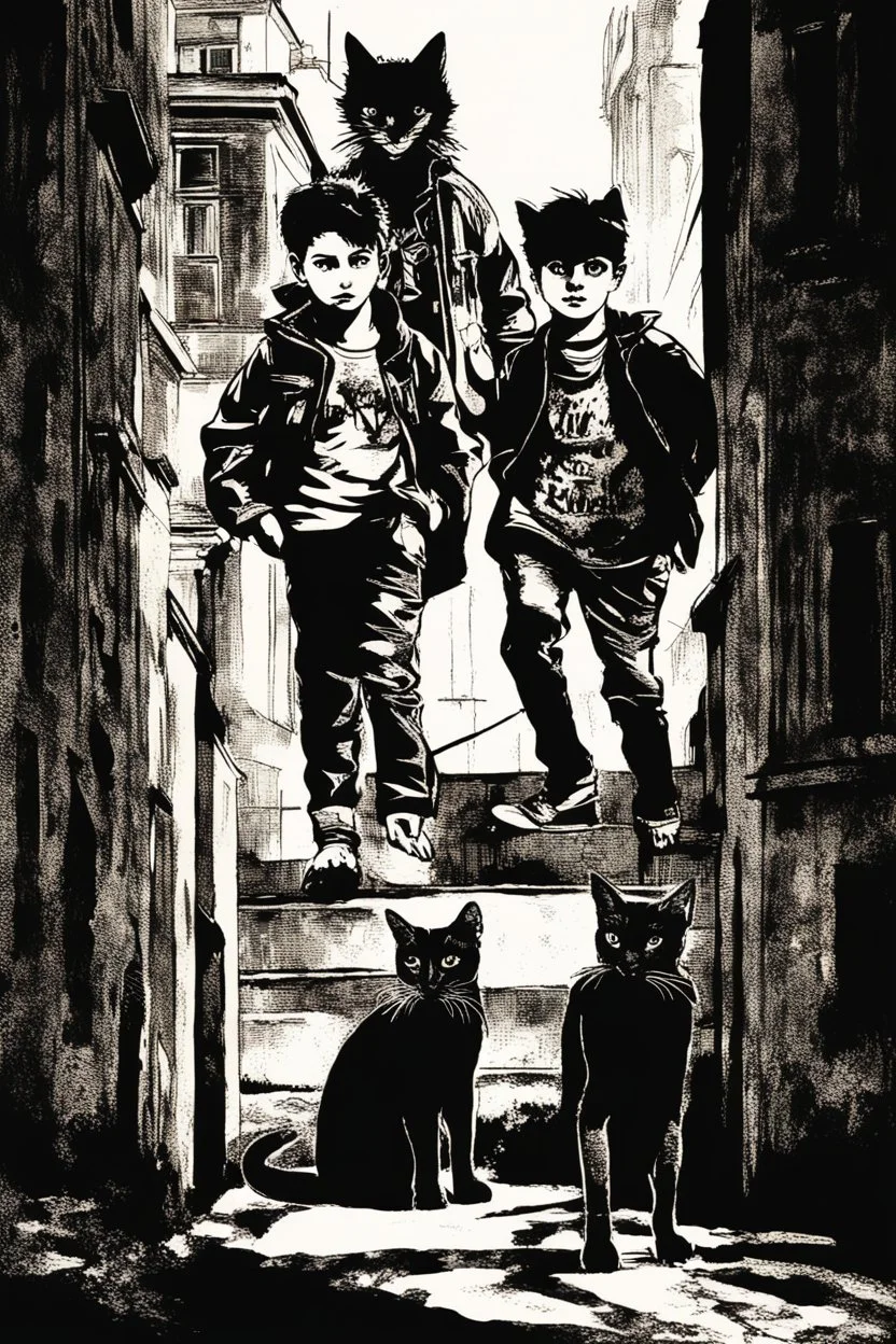 Three teenage street children two boys and one punk girl in book-cover poses on the screen of an old town plus a black cat as a companion, dark graphic style, banksy style