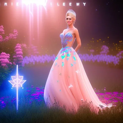 Full body Princess, woman blondie, make up,smile, beautiful place,amazing, flowers, colors, blue and pink butterfly,Glowing dress , realistic, photo real, stars night, detailed, high contrast, 8k high definition, unreal engine 5, extremely sharp detail, light effect, light background