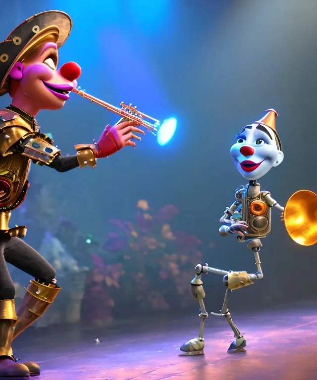 mechanoid clown playing jazz with a steampunk theme, trumpet, realistic