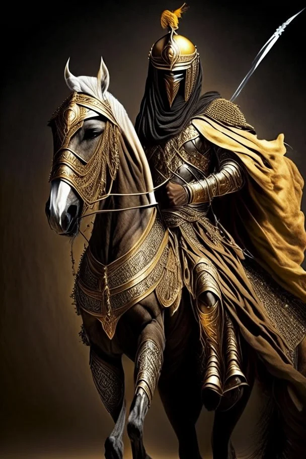 Arab warrior Full Body Full Armored Wearing Face Masculine Mysterious Powerful Fantasy High Quality Carrying his bow Golden clothes His horse behind him