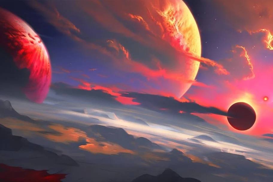 red exoplanet in the horizon, stars, stream, clouds, fantasy, sci-fi, hd.