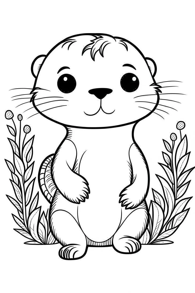 cute coloring page, sketch style, cute baby otter in the wood, cute cartoon, white and black, withe background, no shadows, outline.