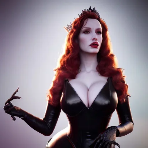 Christina Hendricks as evil queen in black leather gown, cleavage, angry, stern look, unreal 5, octane render,cinema4d, dynamic lighting, dramatic lighting, 4k, redshift render, highly detailed, hyper realistic