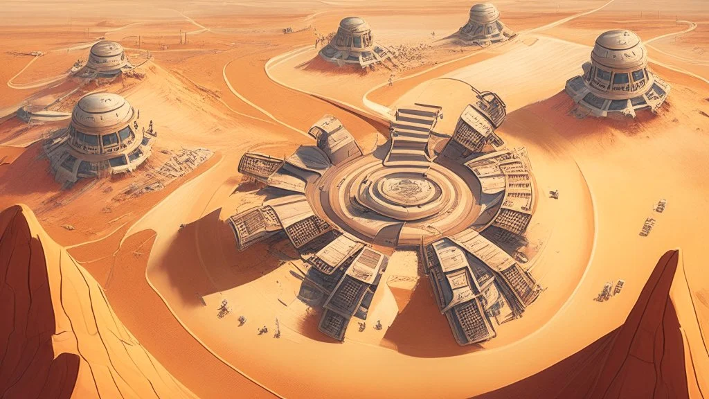 desert city from above, wind generators, retro futuristic, comic style